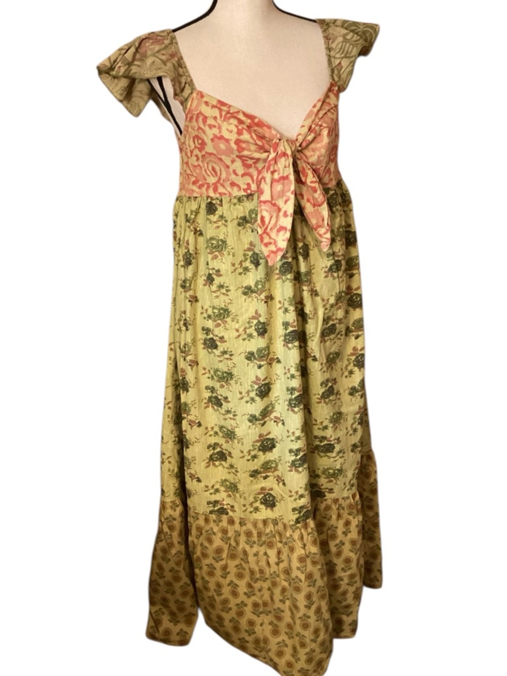Gypsy Rose Patchwork Boho Dress Tie Front Floral Cottagecore Free Size
